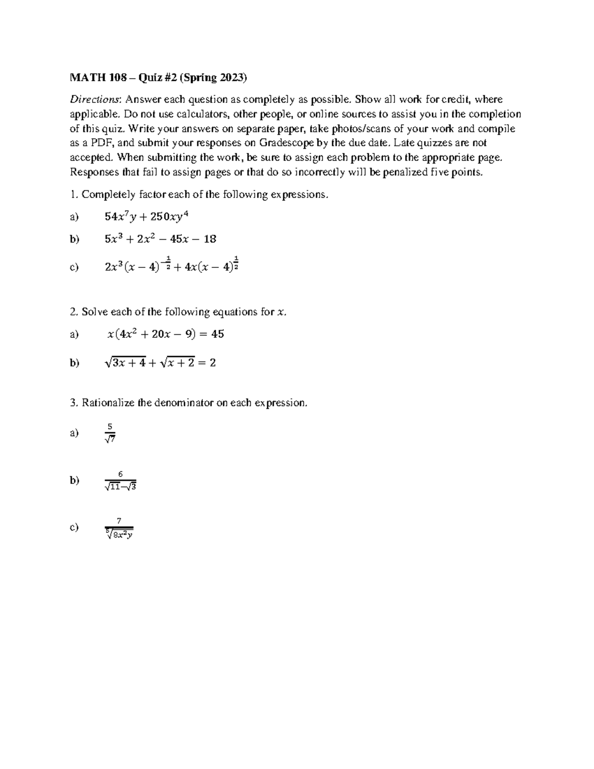 MATH 108 Spring 2023 Quiz #2: Comprehensive Solutions and Instructions ...