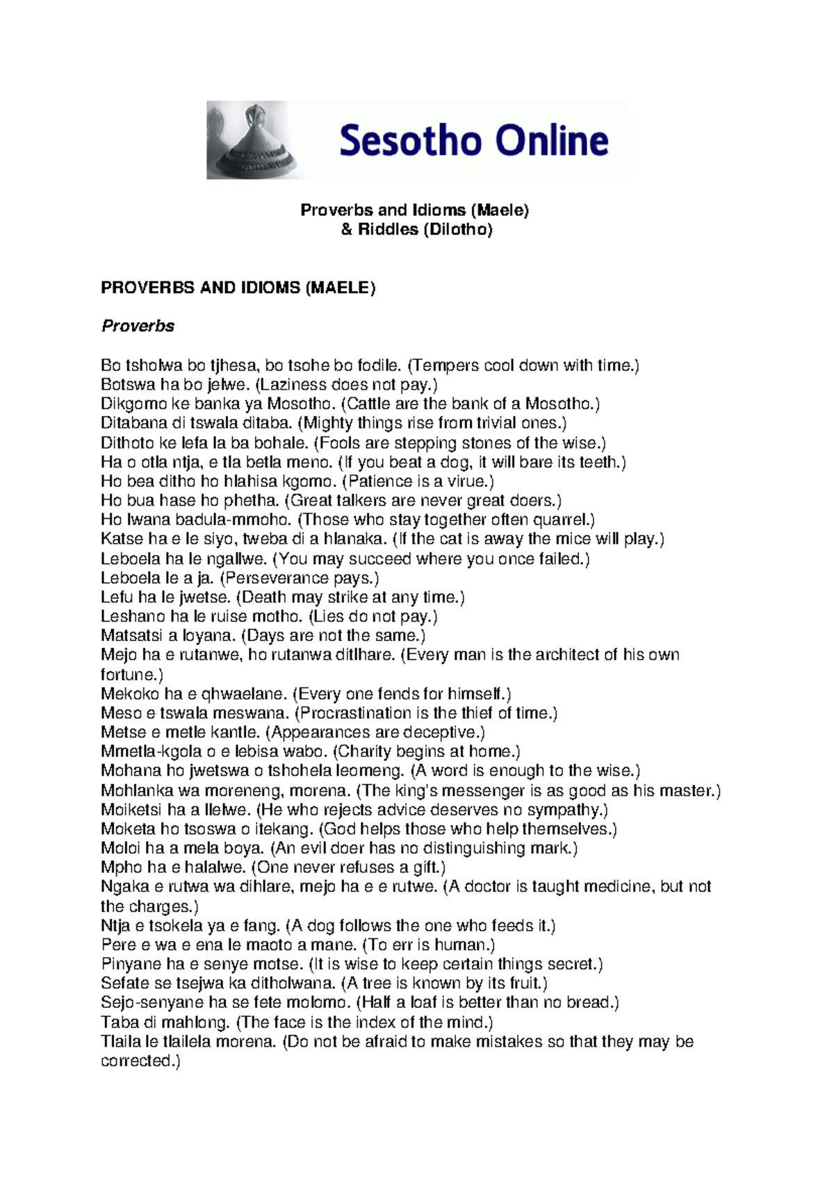 Sesotho Proverbs and Idioms (Maele) with Riddles (Dilotho) - Studocu