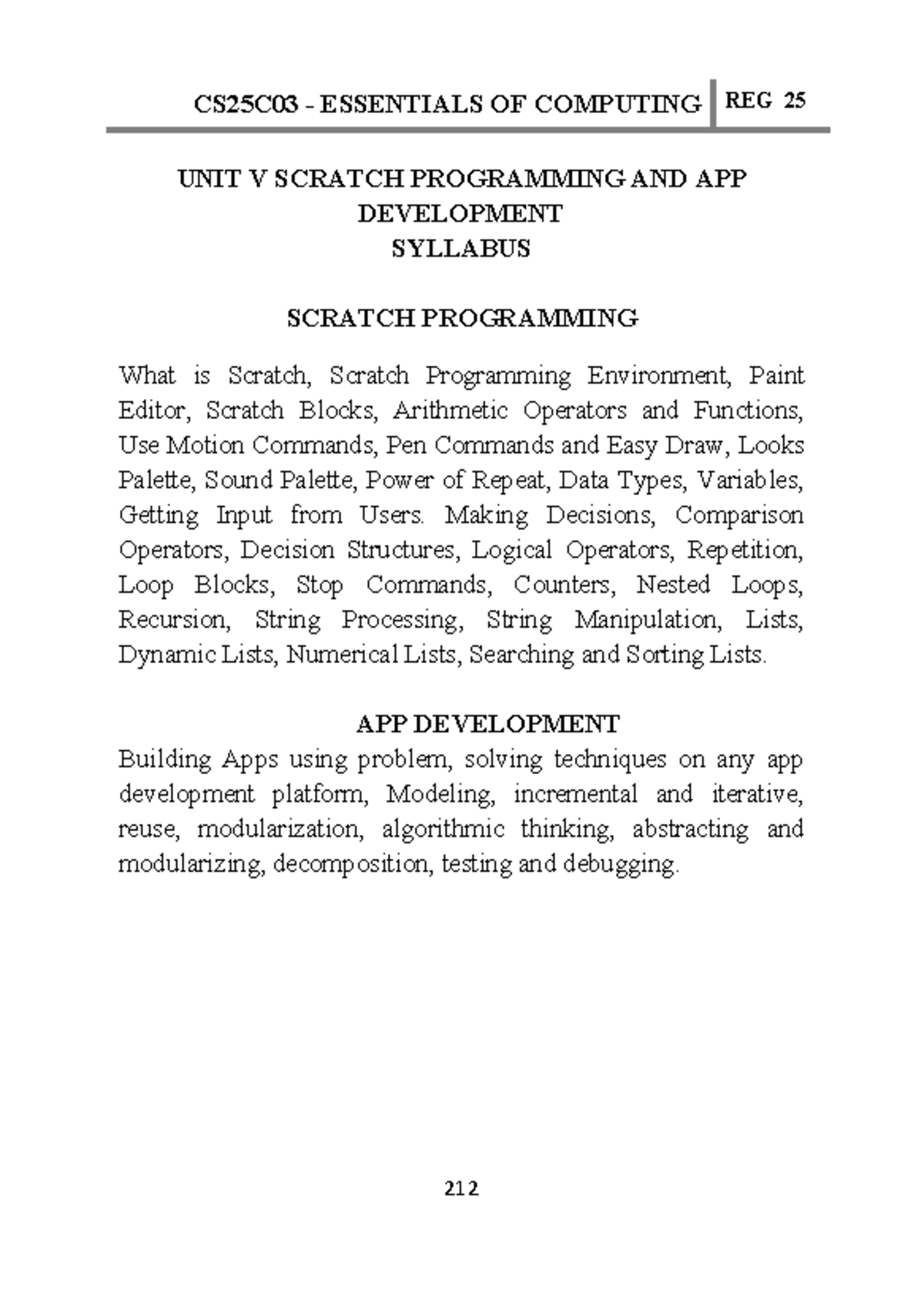 CS25C03 ESSENTIALS OF COMPUTING REG 25 UNIT V: SCRATCH PROGRAMMING ...