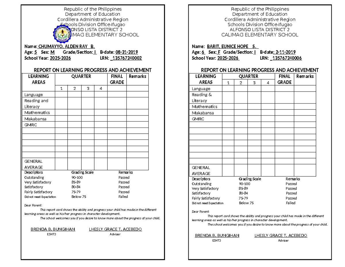 Report Card: Learning Progress & Achievement - ALFONSO LISTA DISTRICT 2 ...