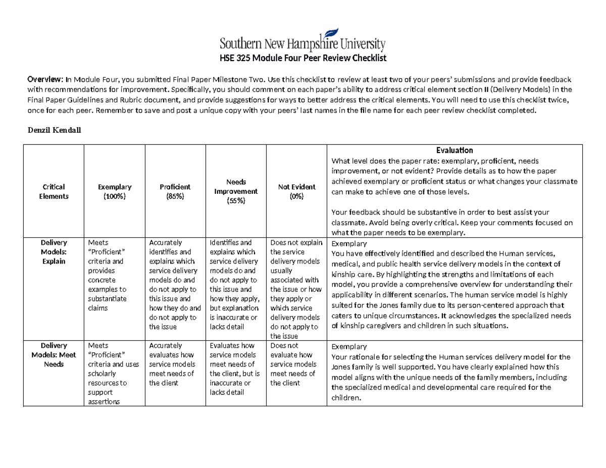 HSE 325 Module Four Peer Review Checklist for Final Paper Feedback ...