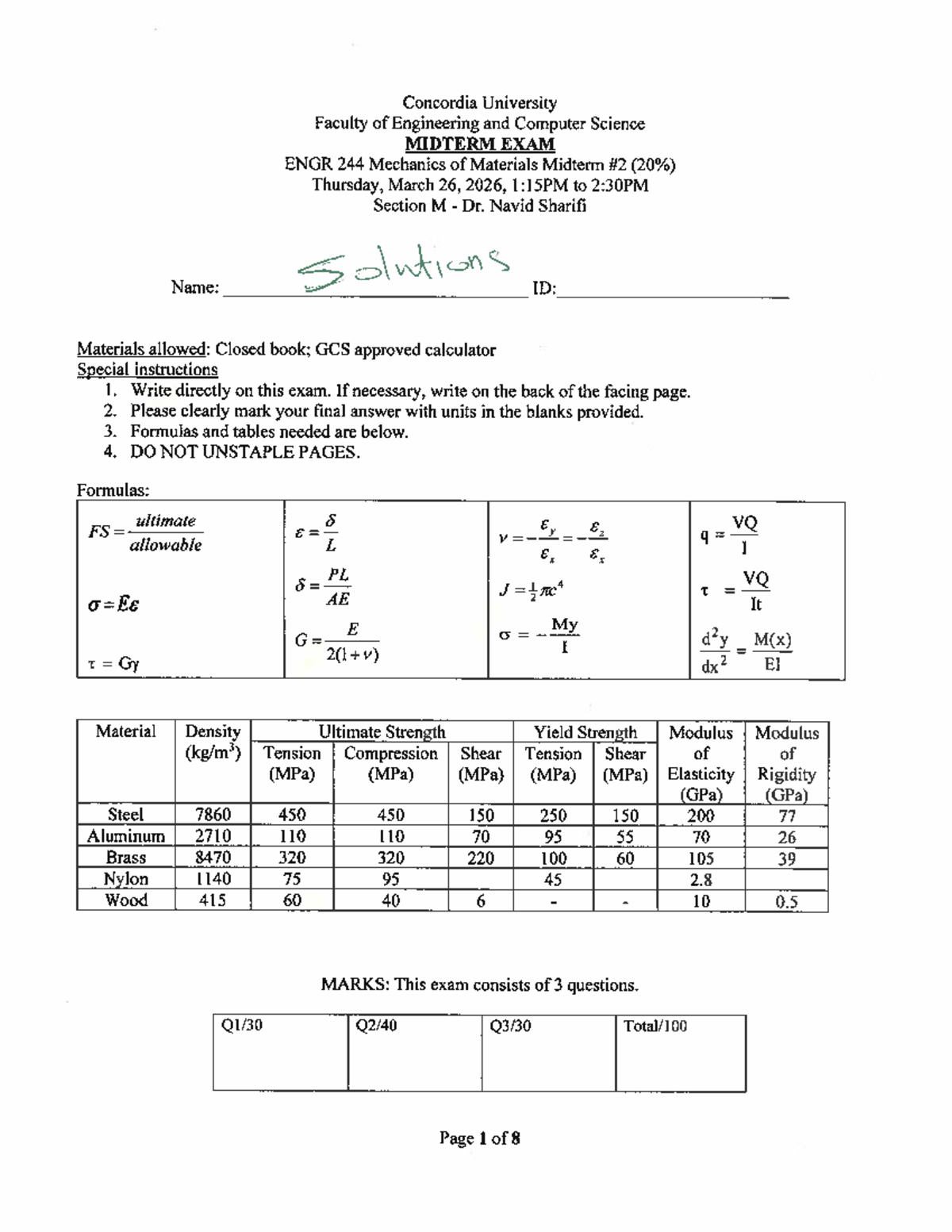 ENGR 244 Midterm Exam Solutions - Mechanics of Materials - Studocu