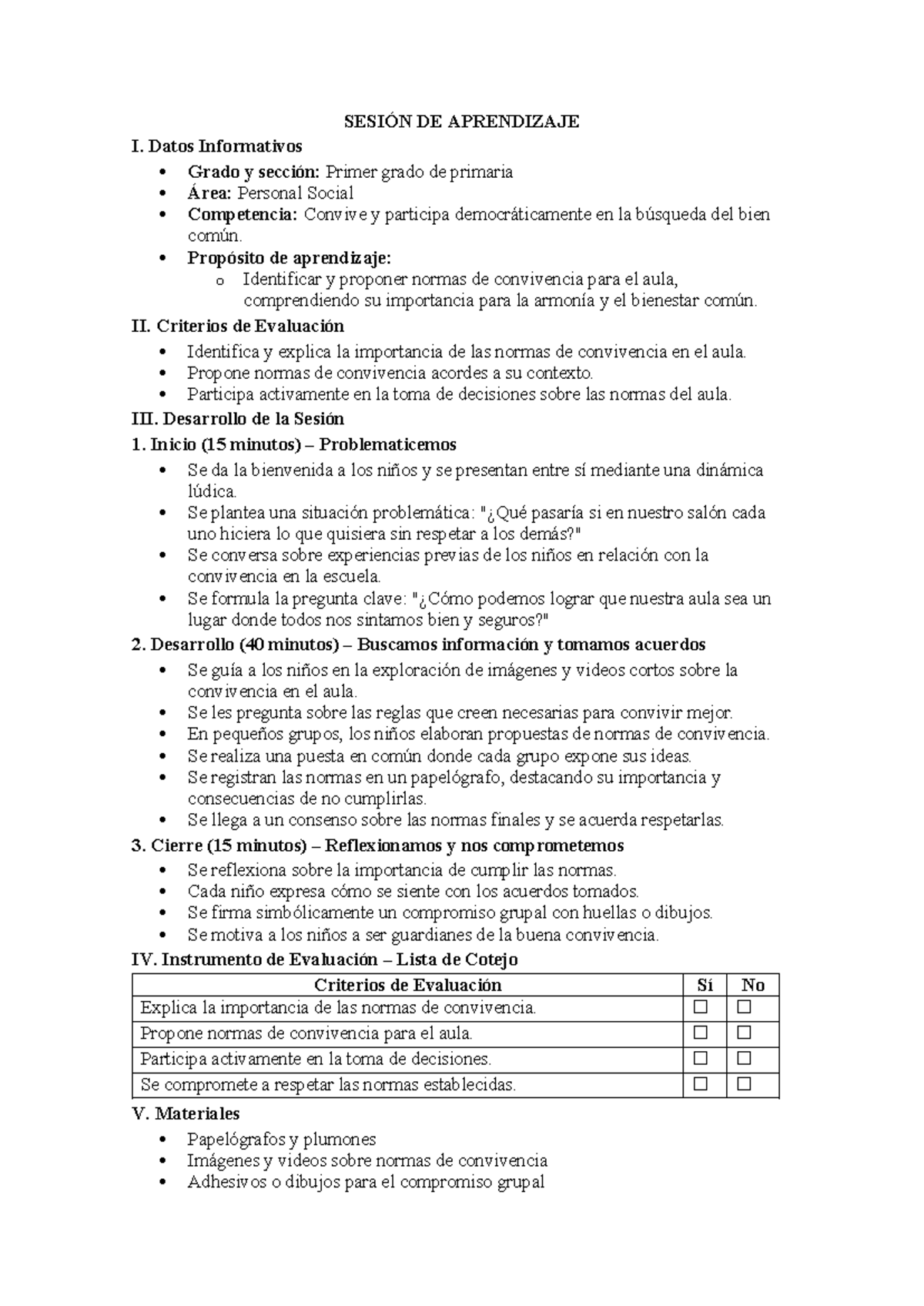SESION DE APRENDIZAJE I - Normas de Convivencia en Aula 1er Grado - Studocu