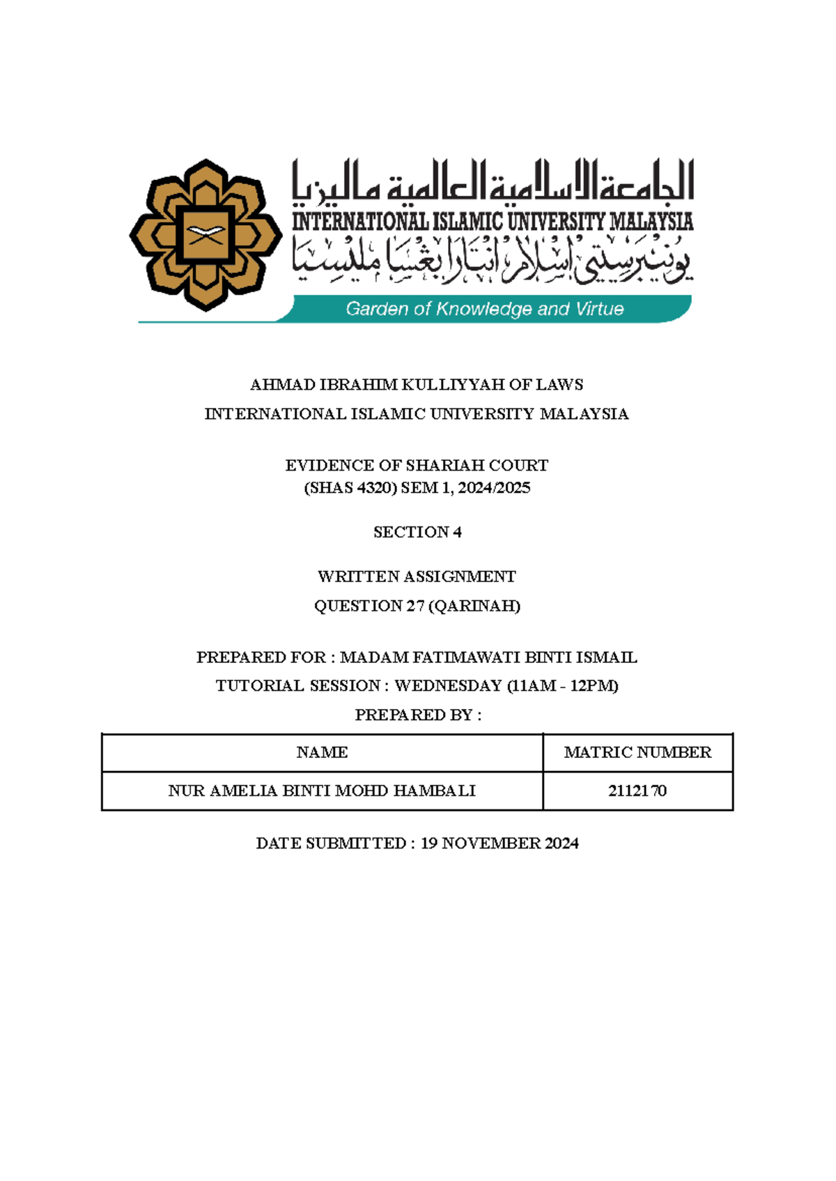 (SHAS 4320) Qarinah as Written Evidence in Shariah Court Cases - Studocu