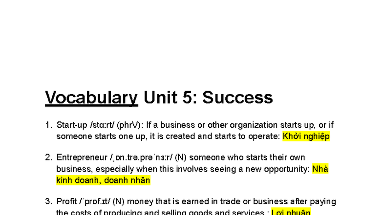 Vocabulary Unit 5: Success - Key Terms and Exercises - Studocu