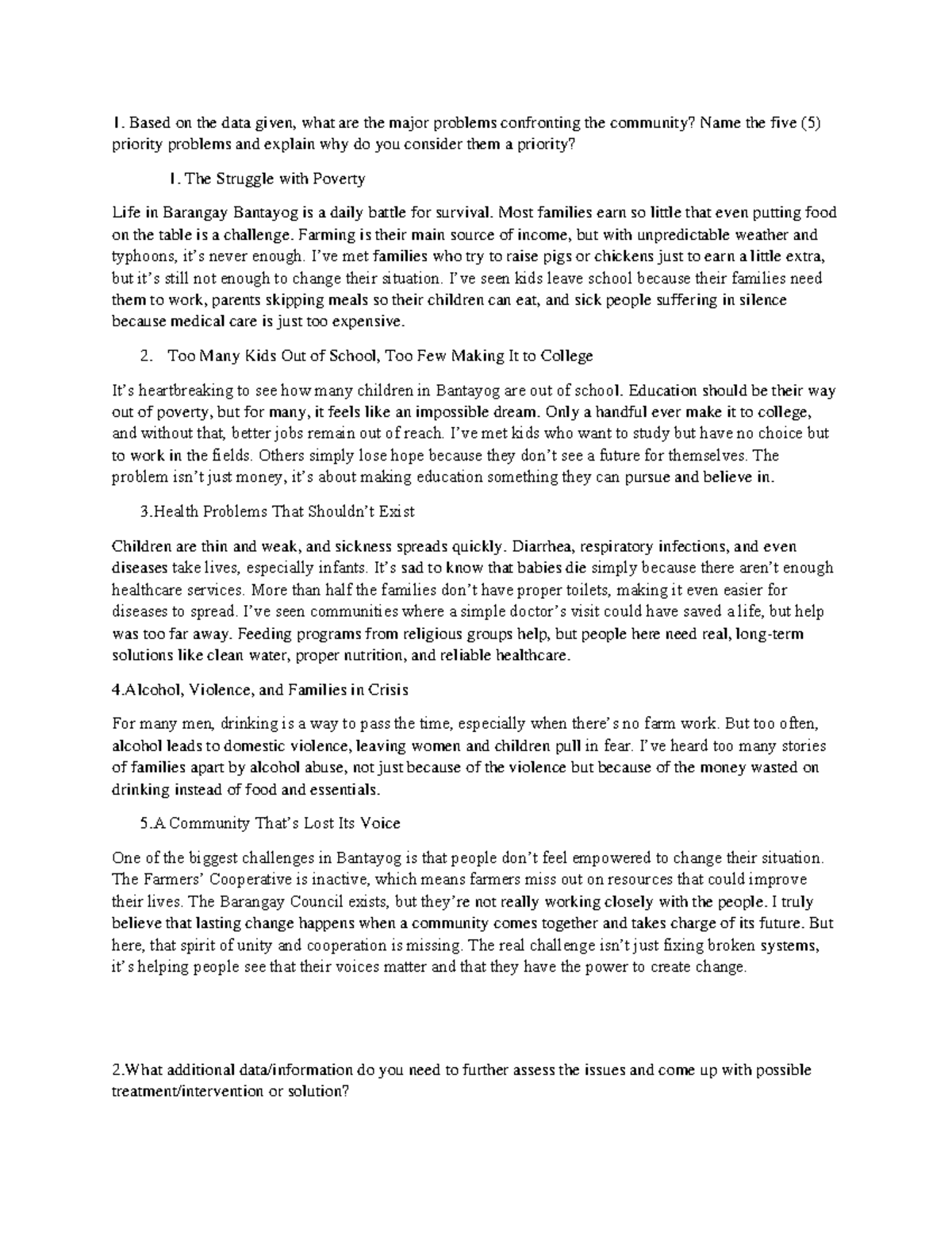 Priority Problems in Barangay Bantayog: A Community Assessment (Course ...
