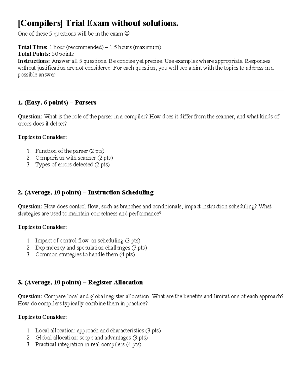 MCA - Compiler Trial Exam Questions (No Solutions) - Studeersnel