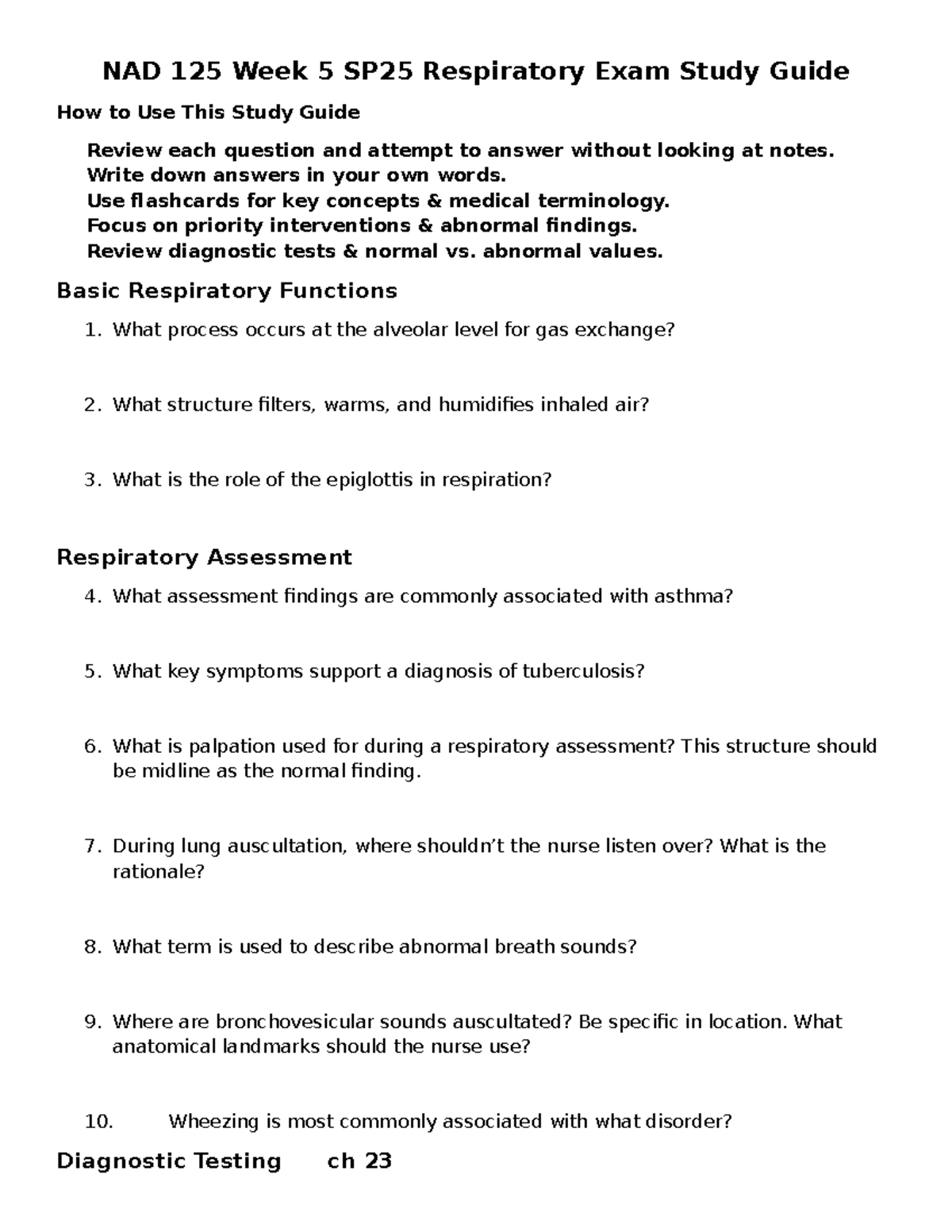 NAD 125 Week 5 SP25 Comprehensive Respiratory Exam Study Guide - Studocu