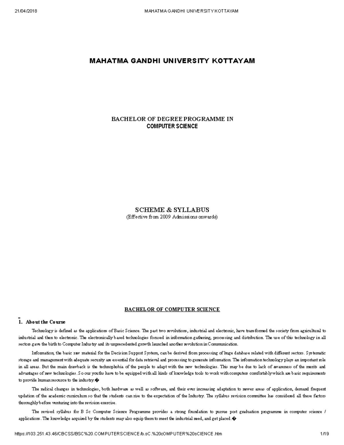BSc Computer Science Syllabus Overview (2009 Admissions) - MG ...