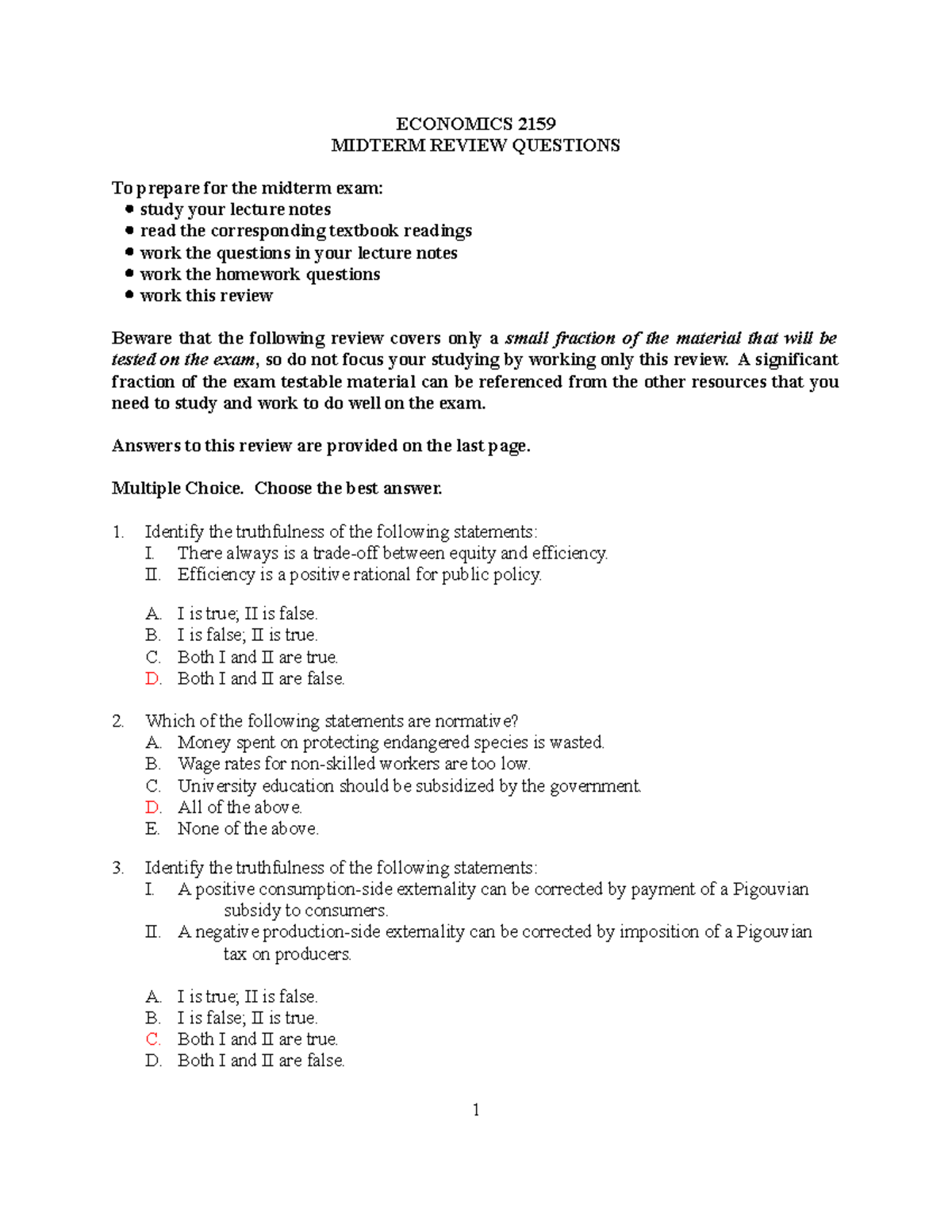 EC2159 Midterm Exam Review and Practice Questions - Studocu