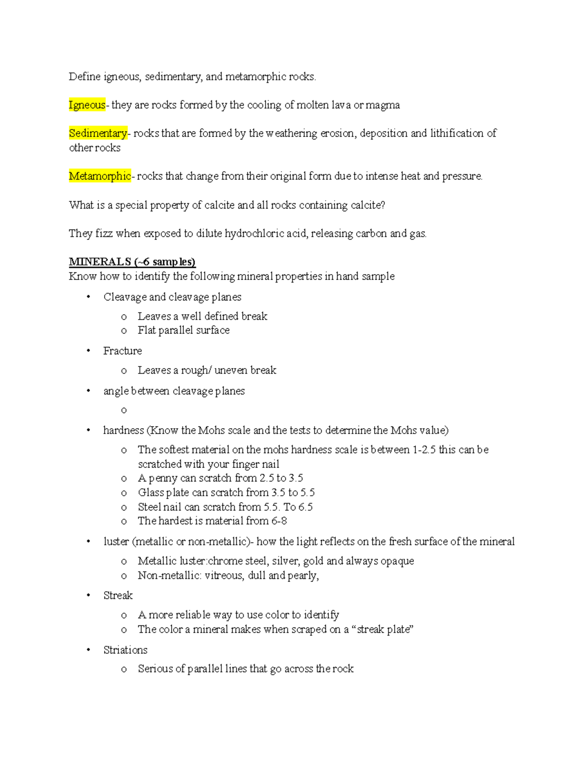Geology Lab Exam 1: Notes on Igneous, Sedimentary & Metamorphic Rocks ...