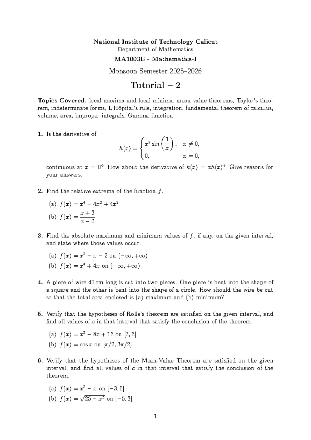 MA1003E Monsoon Semester Tutorial 2: Local Maxima, Theorems & Integrals ...