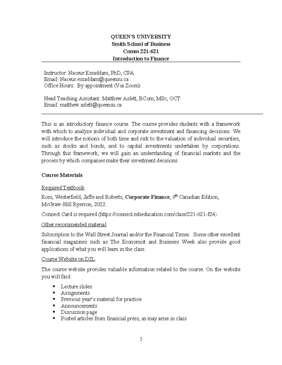 COMM221 Syllabus Fall 2024: Intro to Finance Overview and Details - Studocu