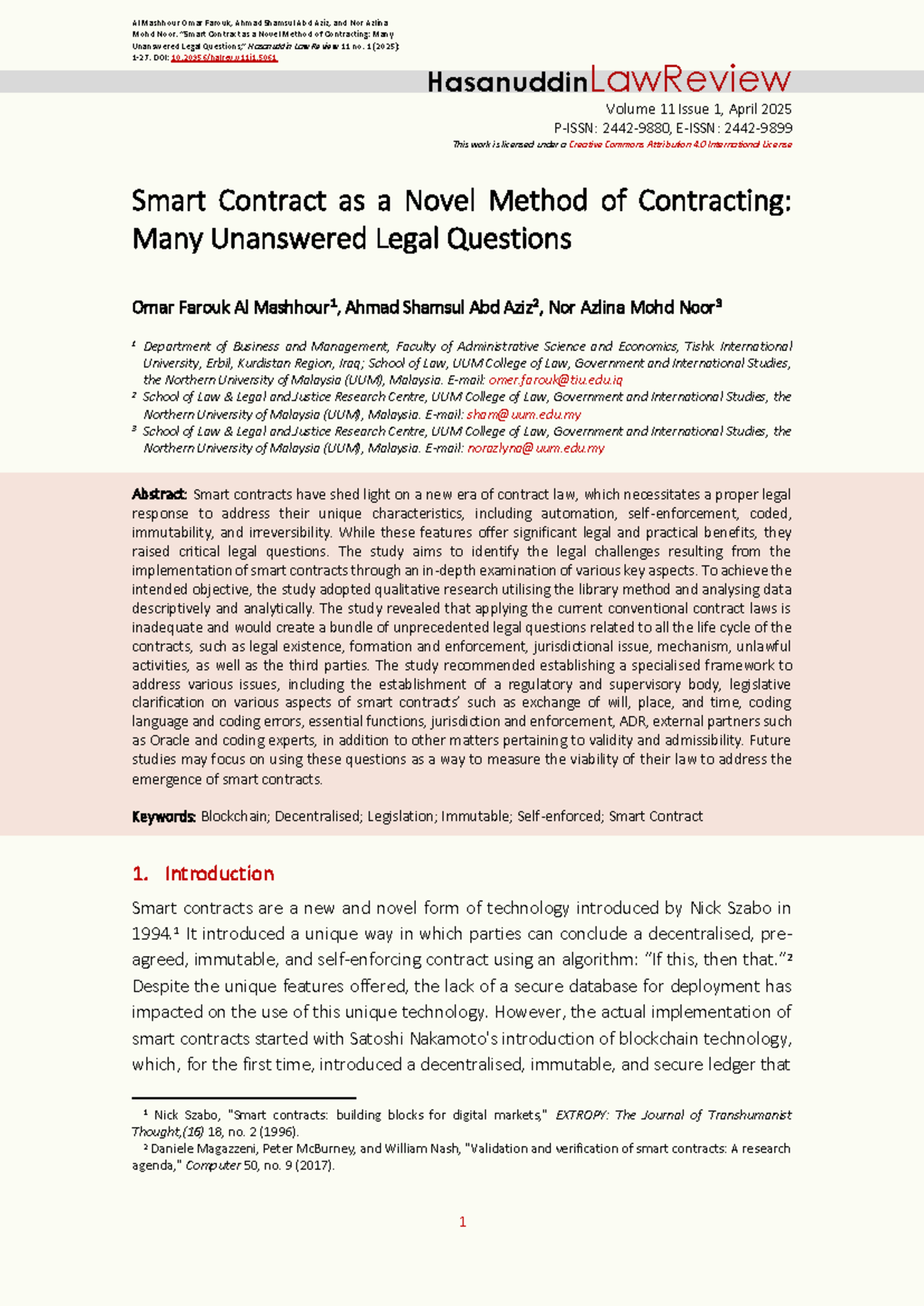 Smart Contracts as a Novel Method of Contracting: Legal Challenges and ...