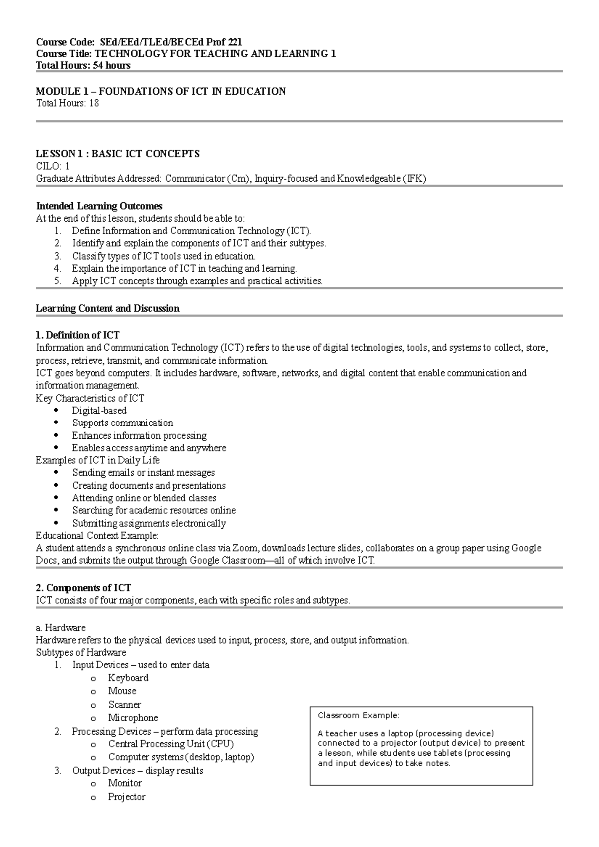 Lesson 1: Basic ICT Concepts - Prof 221 Technology for Teaching and ...