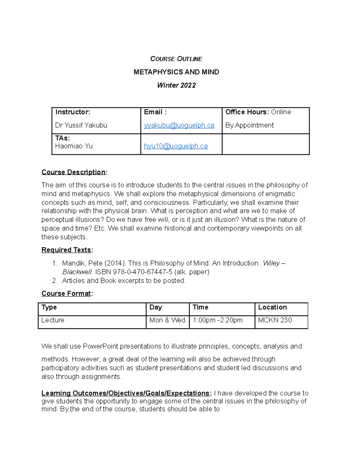 Course Outline - COURSE OUTLINE METAPHYSICS AND MIND Winter 2022 ...