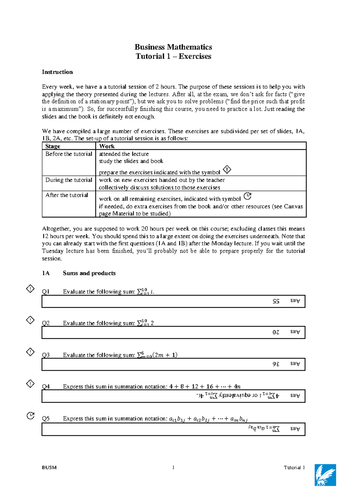 Business Mathematics Tutorial Exercises 1-3 (BMATH101) - Studeersnel