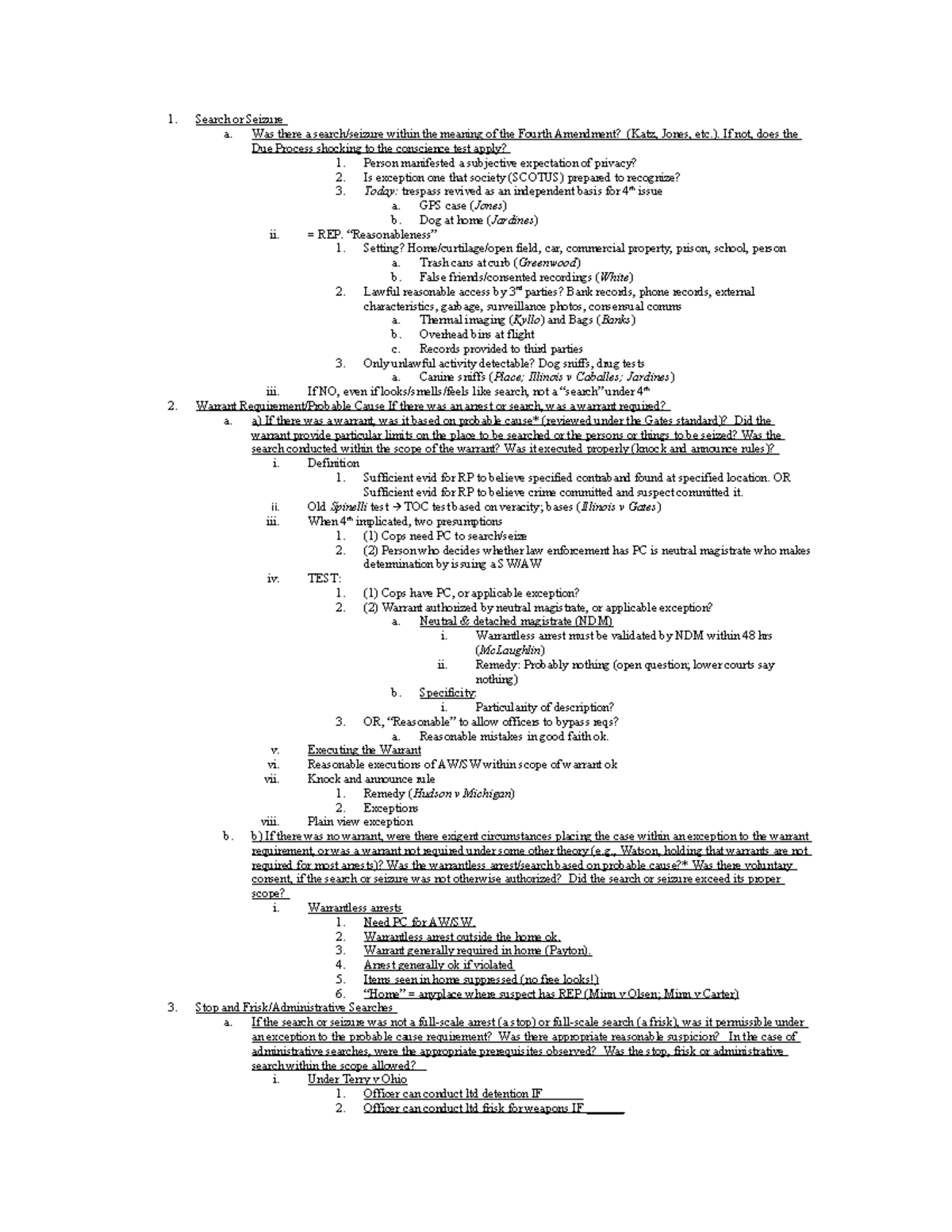 Crim Pro Outline Checklist: Search, Seizure & 4th Amendment Issues ...