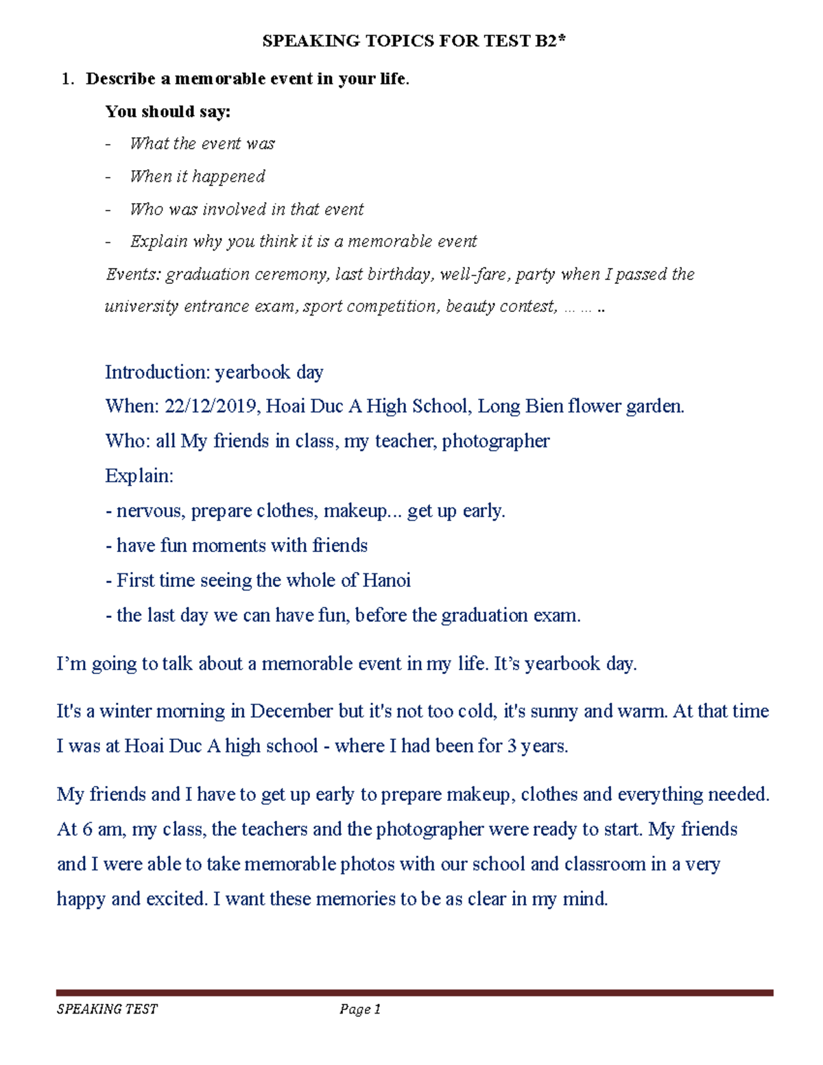 Speaking Topics FOR TEST B2 - 2022 - SPEAKING TOPICS FOR TEST B2 ...