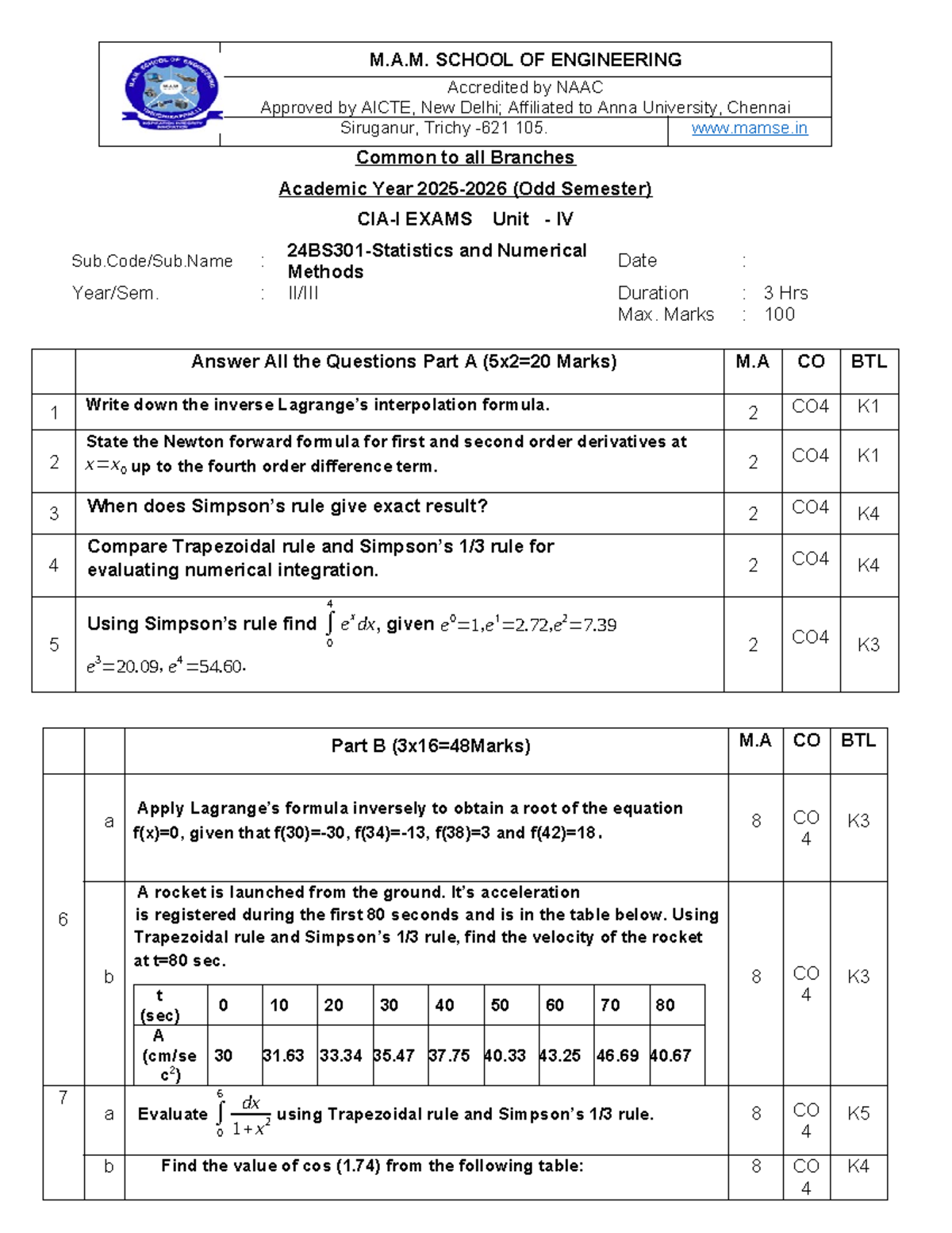 24 BS301-SNM CIA II Question Bank - Numerical Methods Notes - Studocu