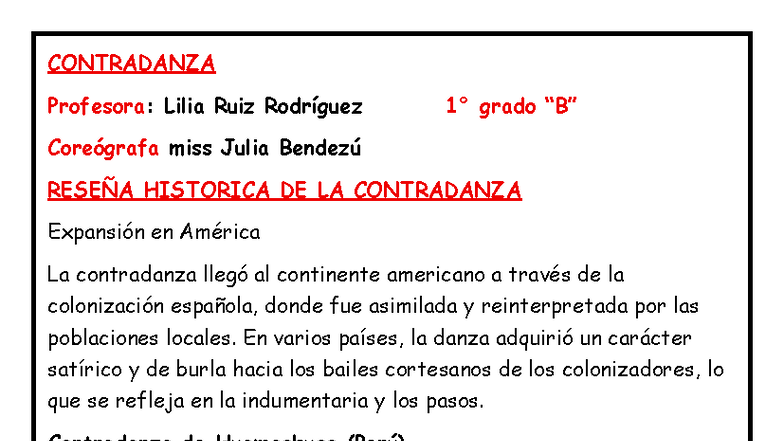 Contradanza: Reseña Histórica y Características - BAILE TÍPICO - Studocu