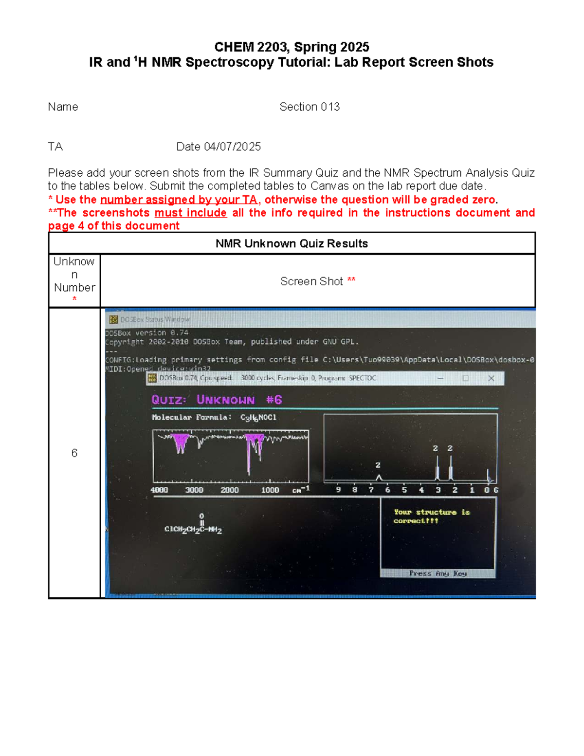 CHEM 2203 Spring 2025 Lab 10: IR & NMR Spectroscopy Report - Studocu