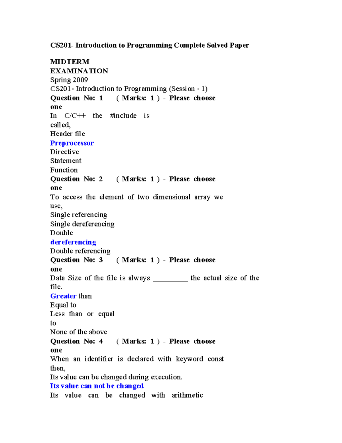 CS201 Midterm Solved Paper - Intro to Programming Spring 2009 - Studocu
