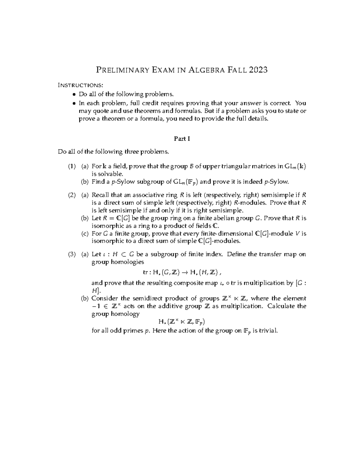 Algebra Preliminary Exam (MATH 101) - Fall 2023 Instructions and ...