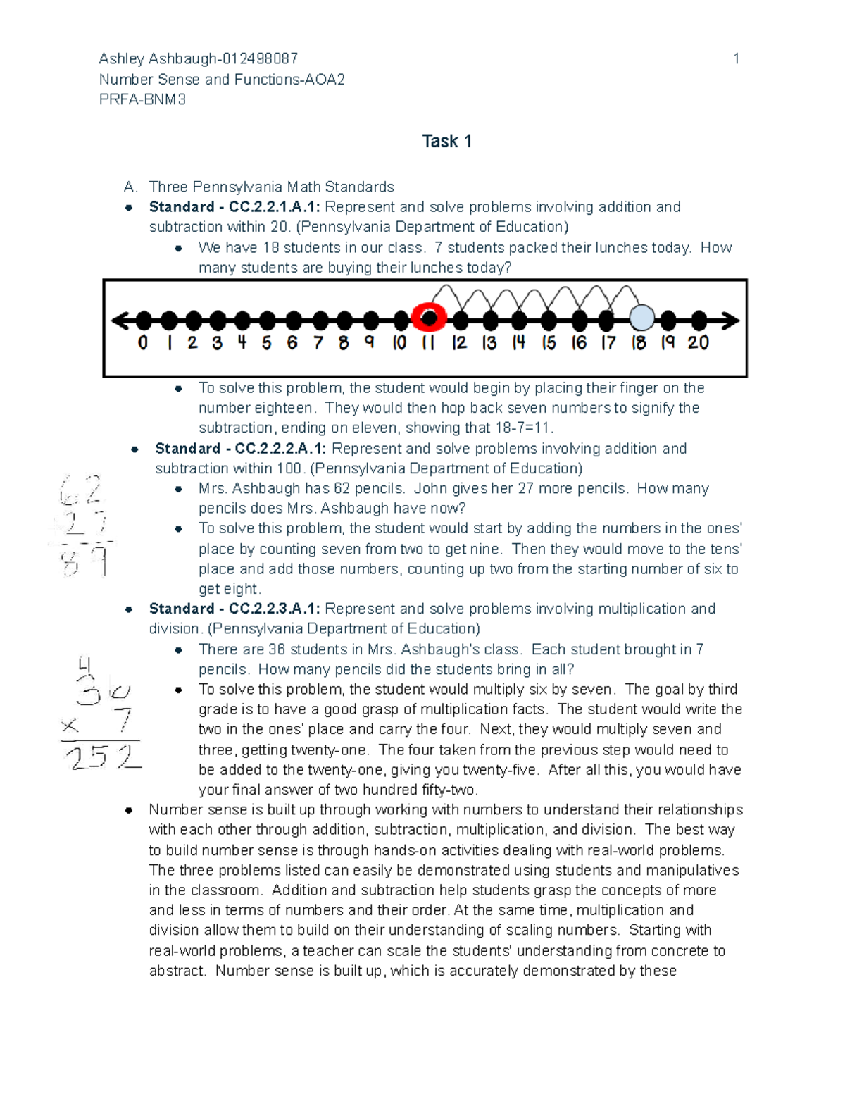 Ashley Number Sense & Task 1: PA Math Standards CC.2.2.1.A.1 to CC.2.2. ...