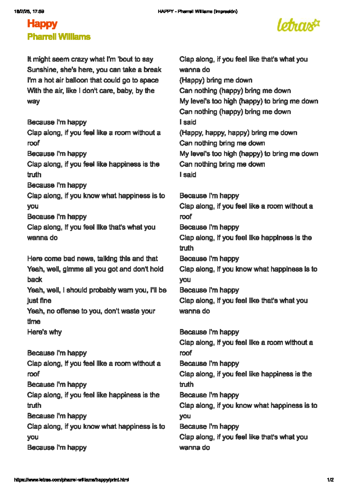 Caca - adfasdfwasd - 17:59 HAPPY Pharrell Williams (Impresión) Happy ...