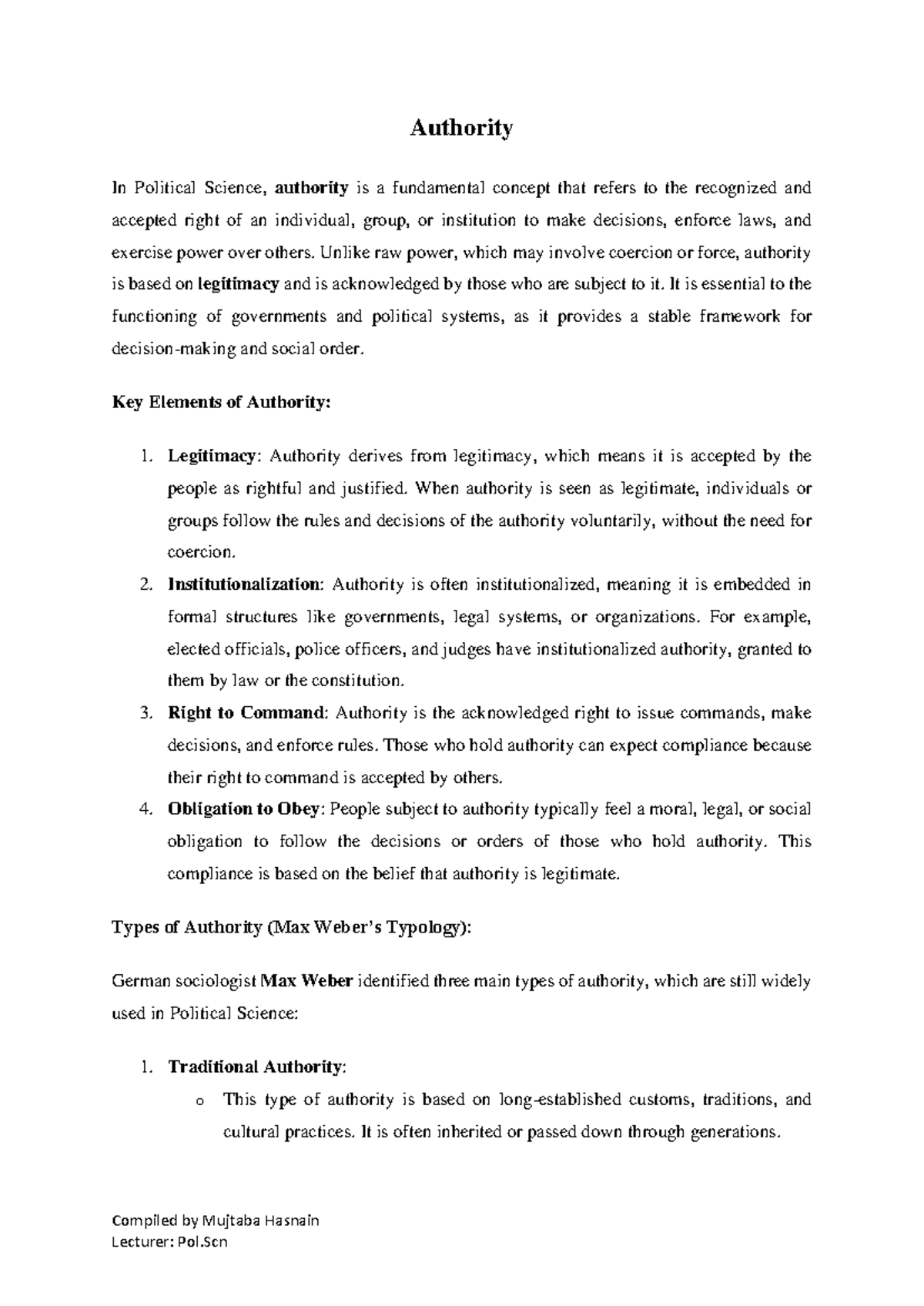 Political Science 101: Authority - Key Concepts and Types - Studocu