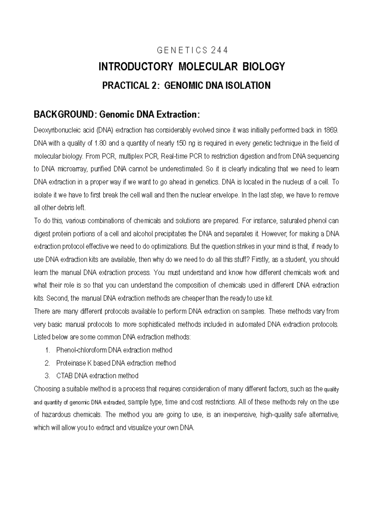 Genetics 244 - Practical 2: DNA Extraction Techniques & Background ...