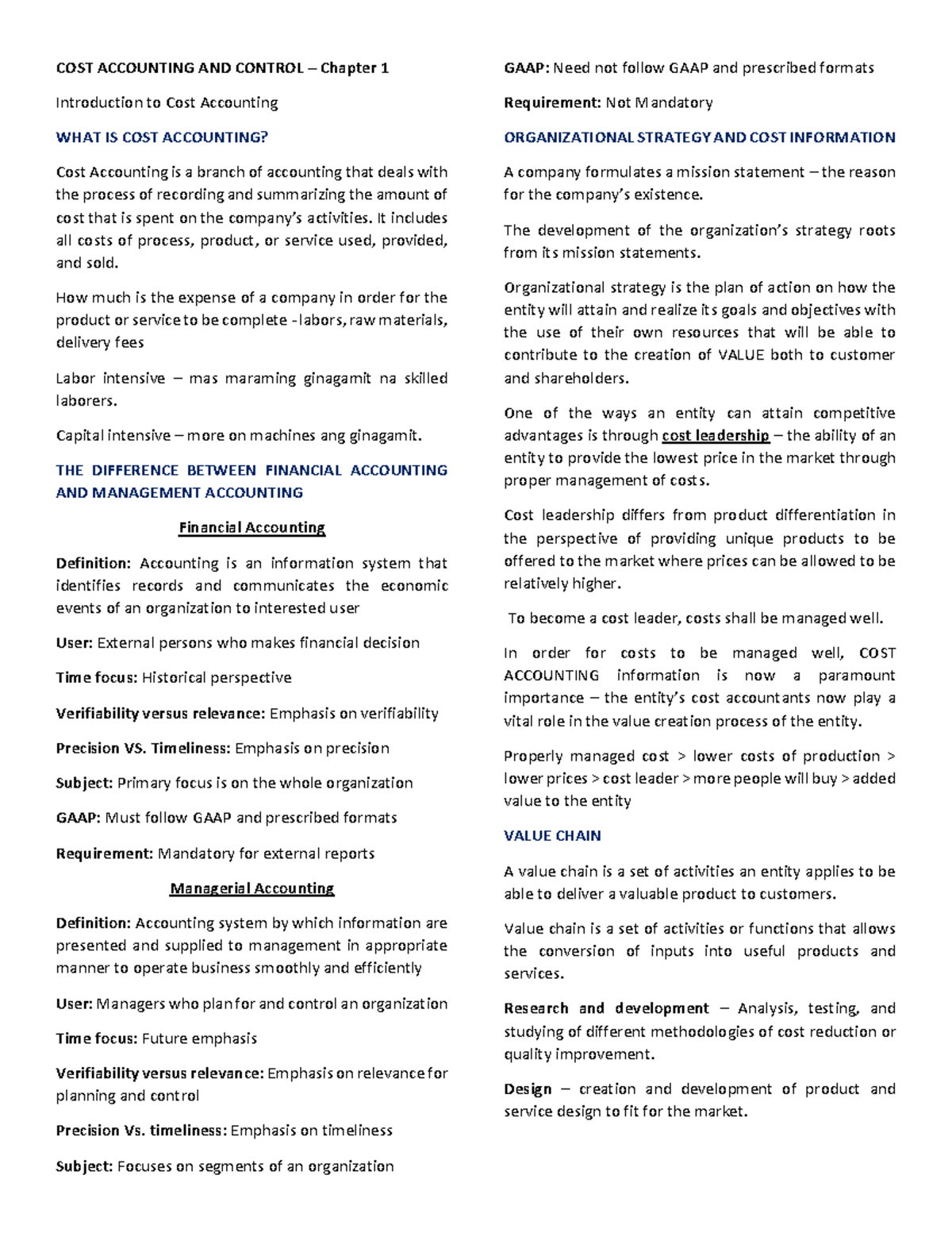 CAC Reviewer - Cost Accounting and Control Chapter 1 Notes - Studocu