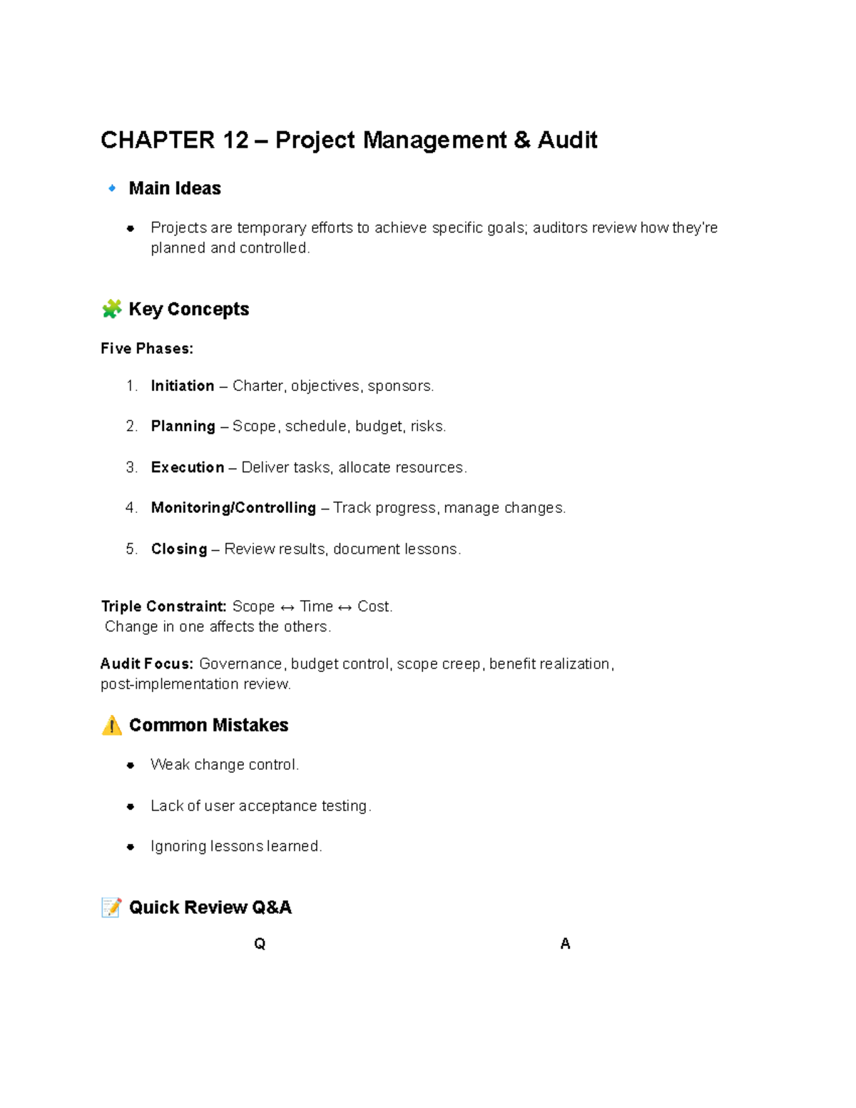 404 notes - chapter 12 404 - CHAPTER 12 – Project Management & Audit 🔹 ...