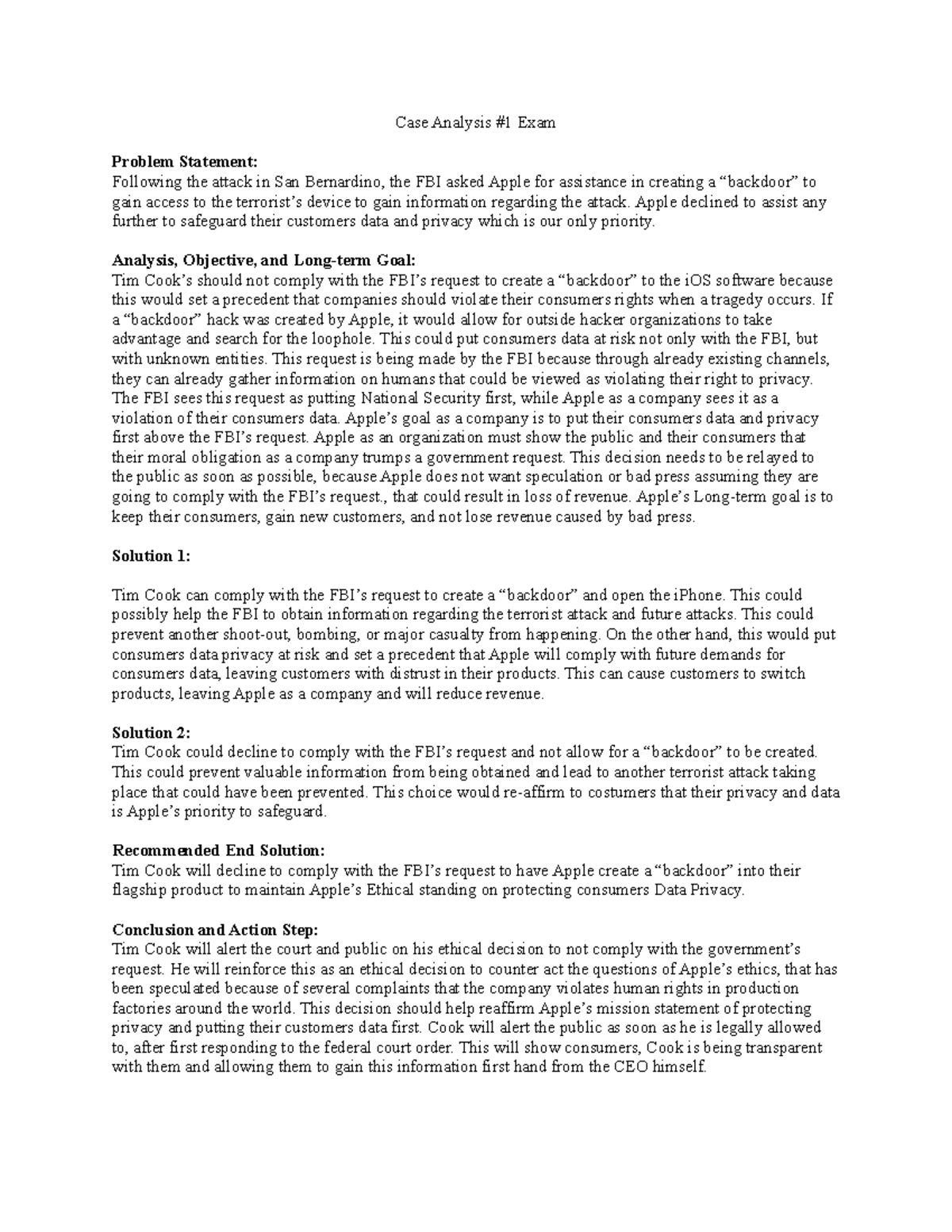 Case Analysis #1 Exam - Case Analysis #1 Exam Problem Statement ...