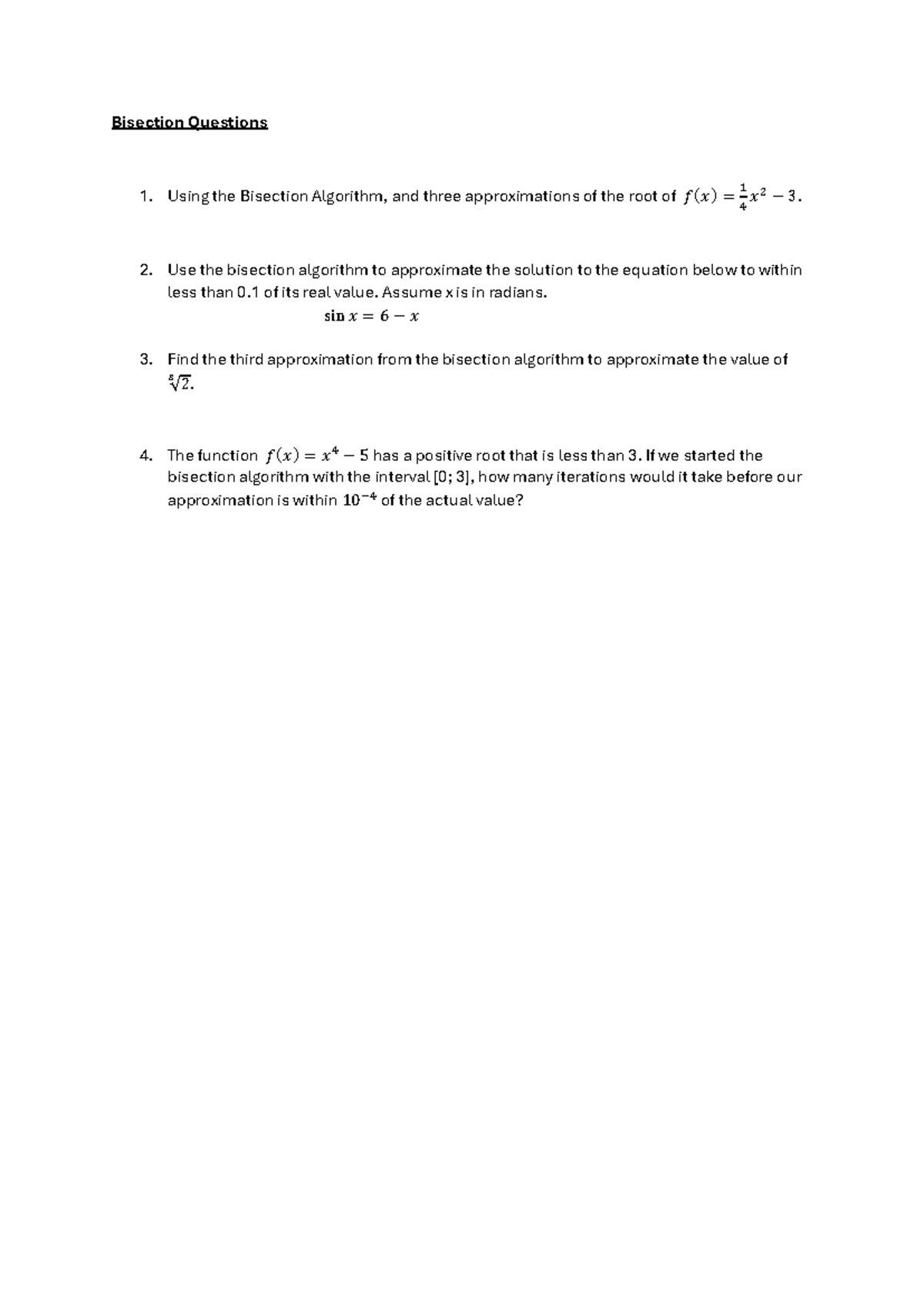 Bisection Method Questions for Approximation in Math 101 - Studocu
