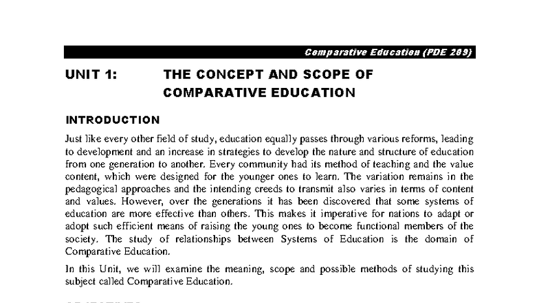 Comparative Education (PDE 209) Unit 1: Understanding the Concept and ...