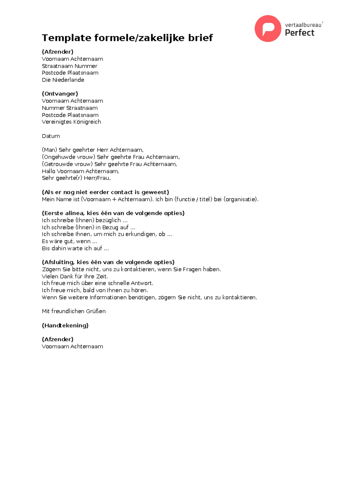 Template voor Formele Zakelijke Brief (Duits) - Studeersnel