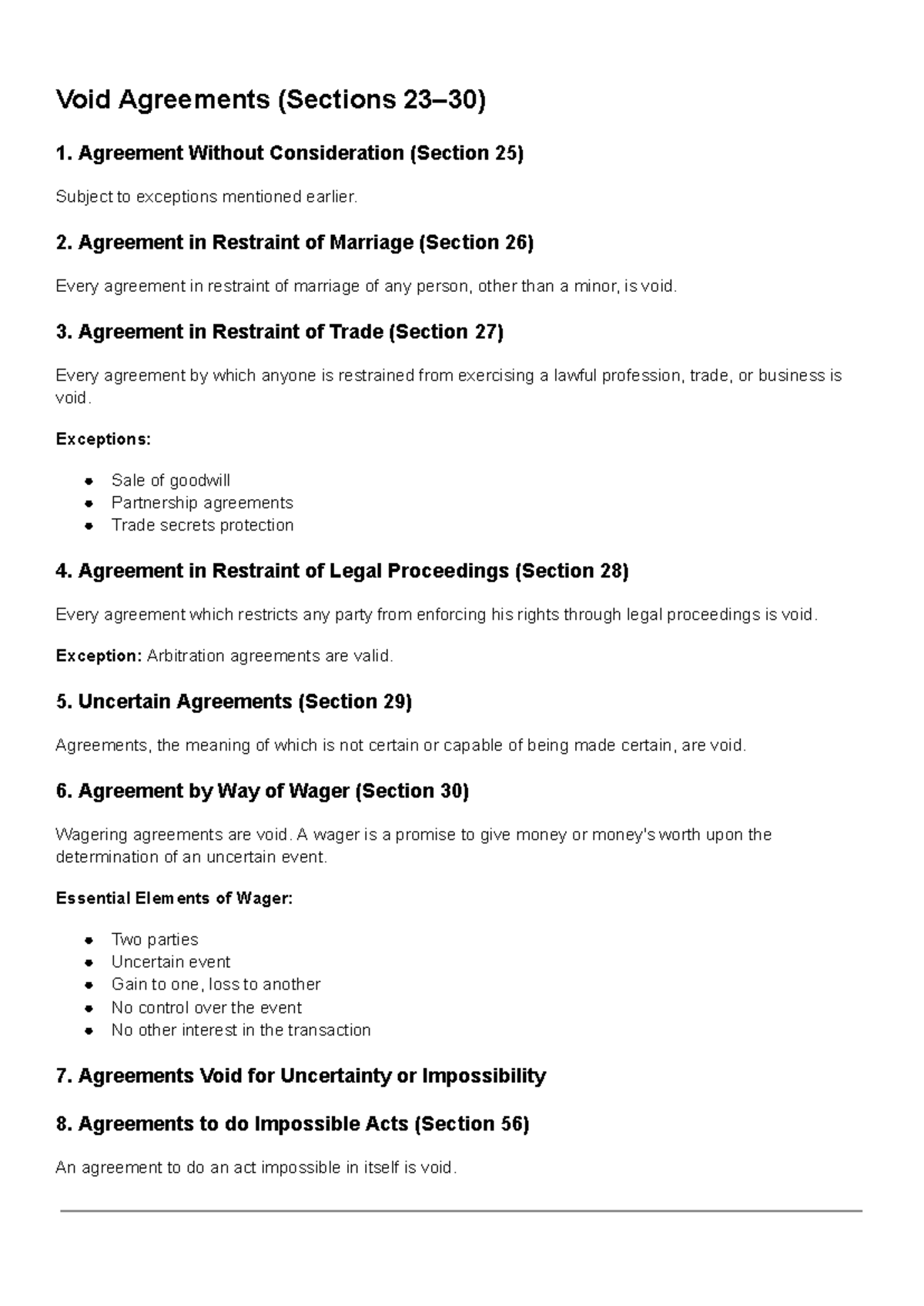 Contract Law: Void Agreements & Quasi Contracts (Sections 25-71) - Studocu