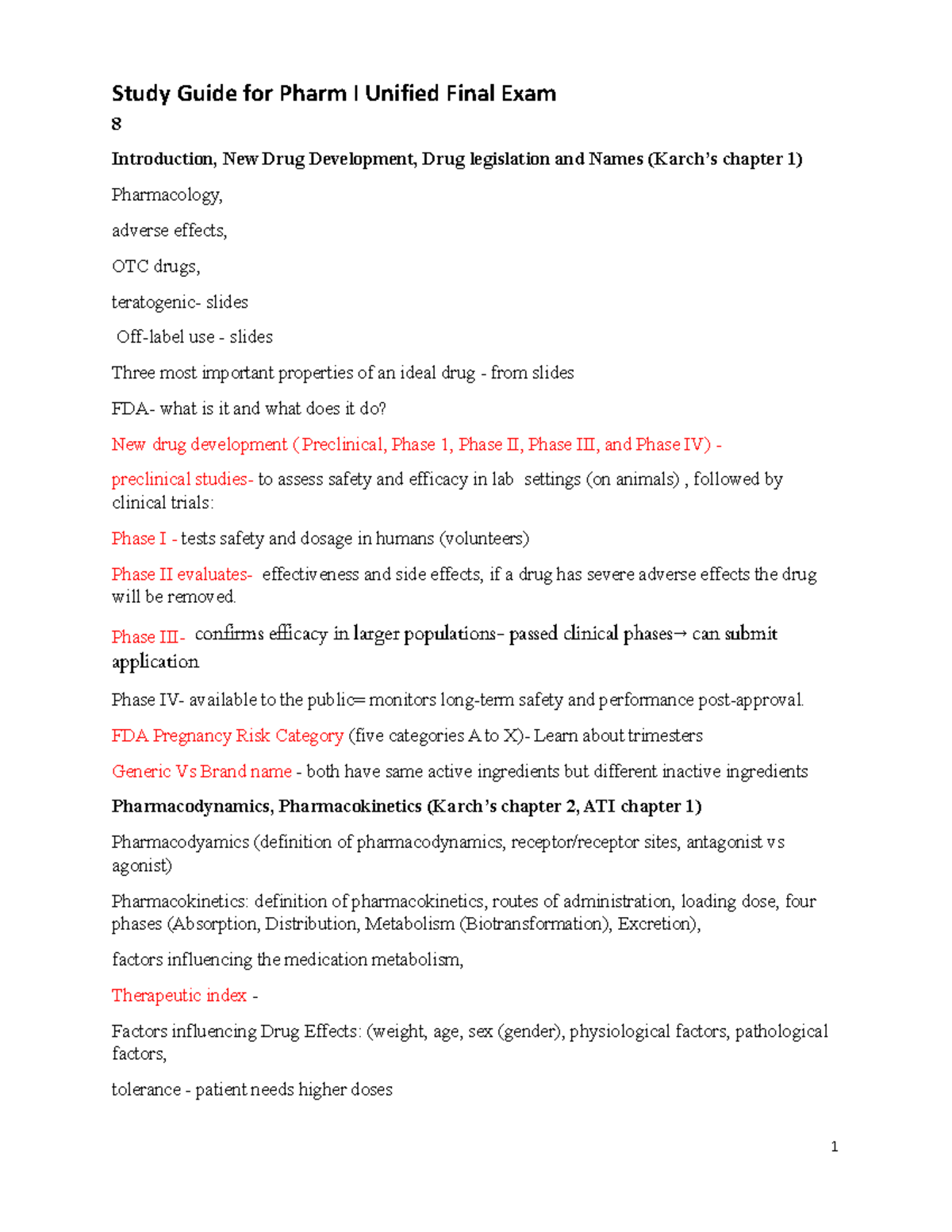 Pharm I Unified Final Exam Study Guide - Spring 2024 Exam Prep - Studocu