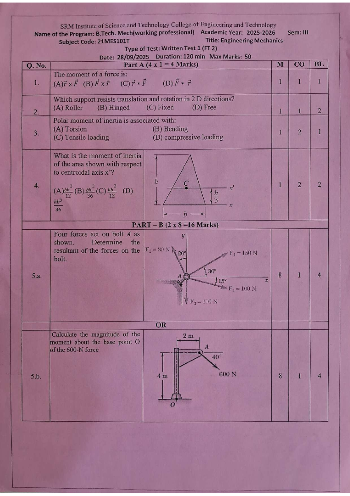 21MES101T Engineering Mechanics Written Test 1 (CT 2) - Studocu
