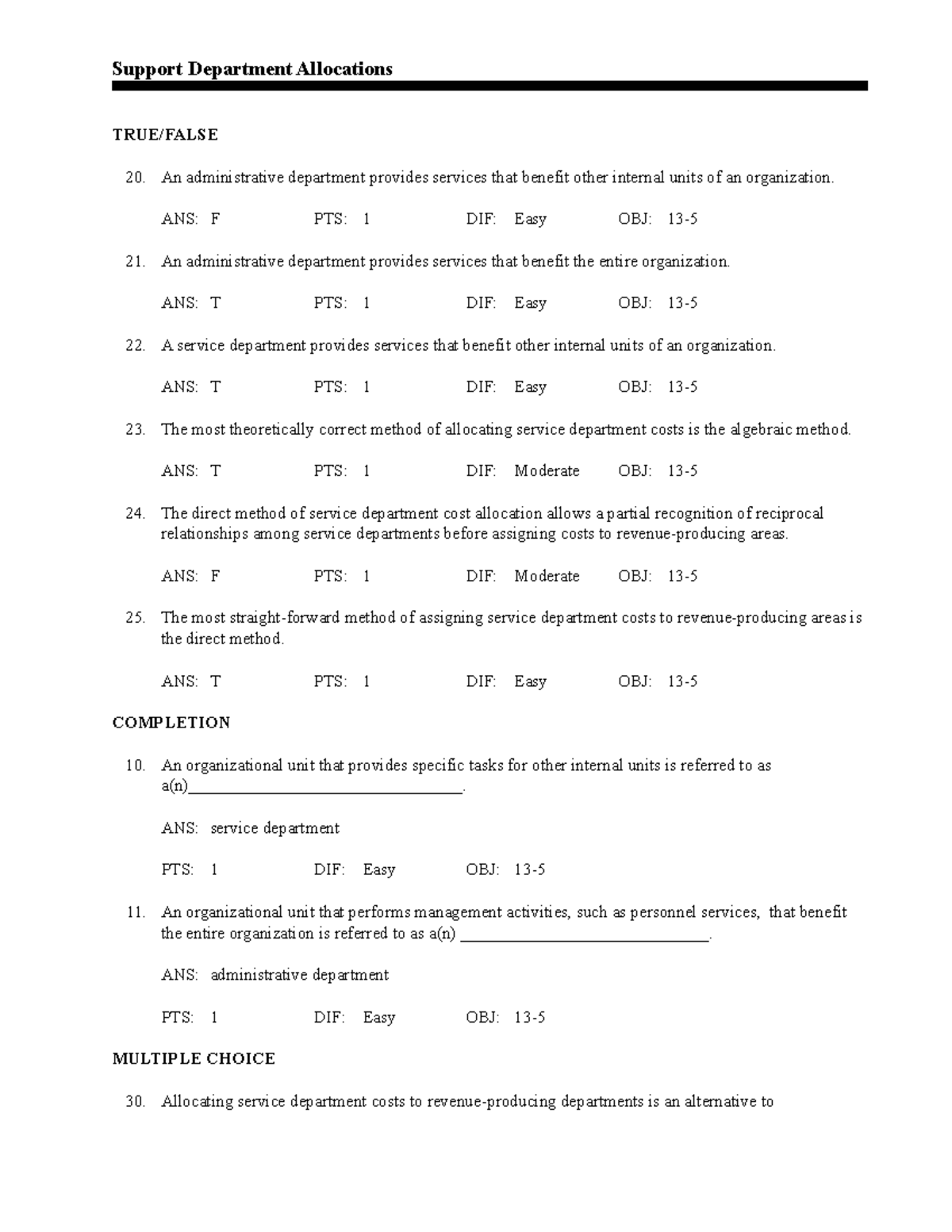 Test Bank 3C - Service Department Allocations Notes - Studocu
