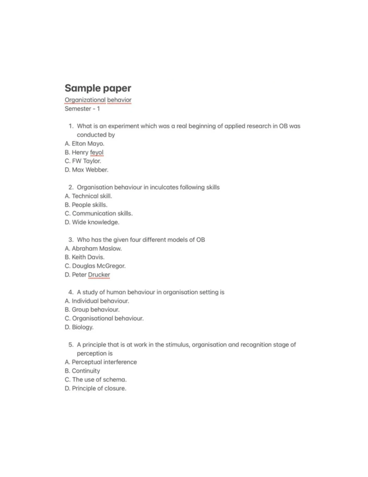 Principles of Management - Semester 1 Practice Paper - Studocu