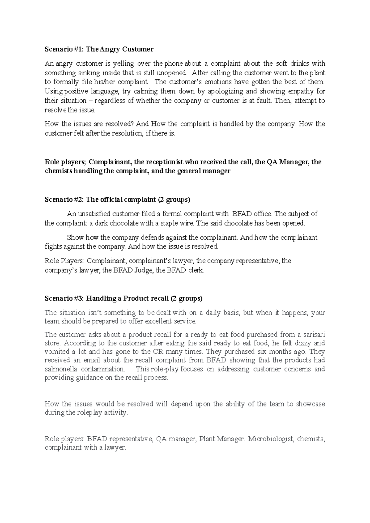 Mgt 1 Customer Satisfaction Roleplay Scenarios and Resolutions - Studocu