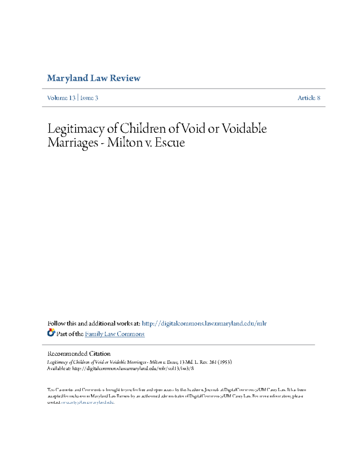 Maryland Law Review: Legitimacy of Children in Void Marriages - Milton ...