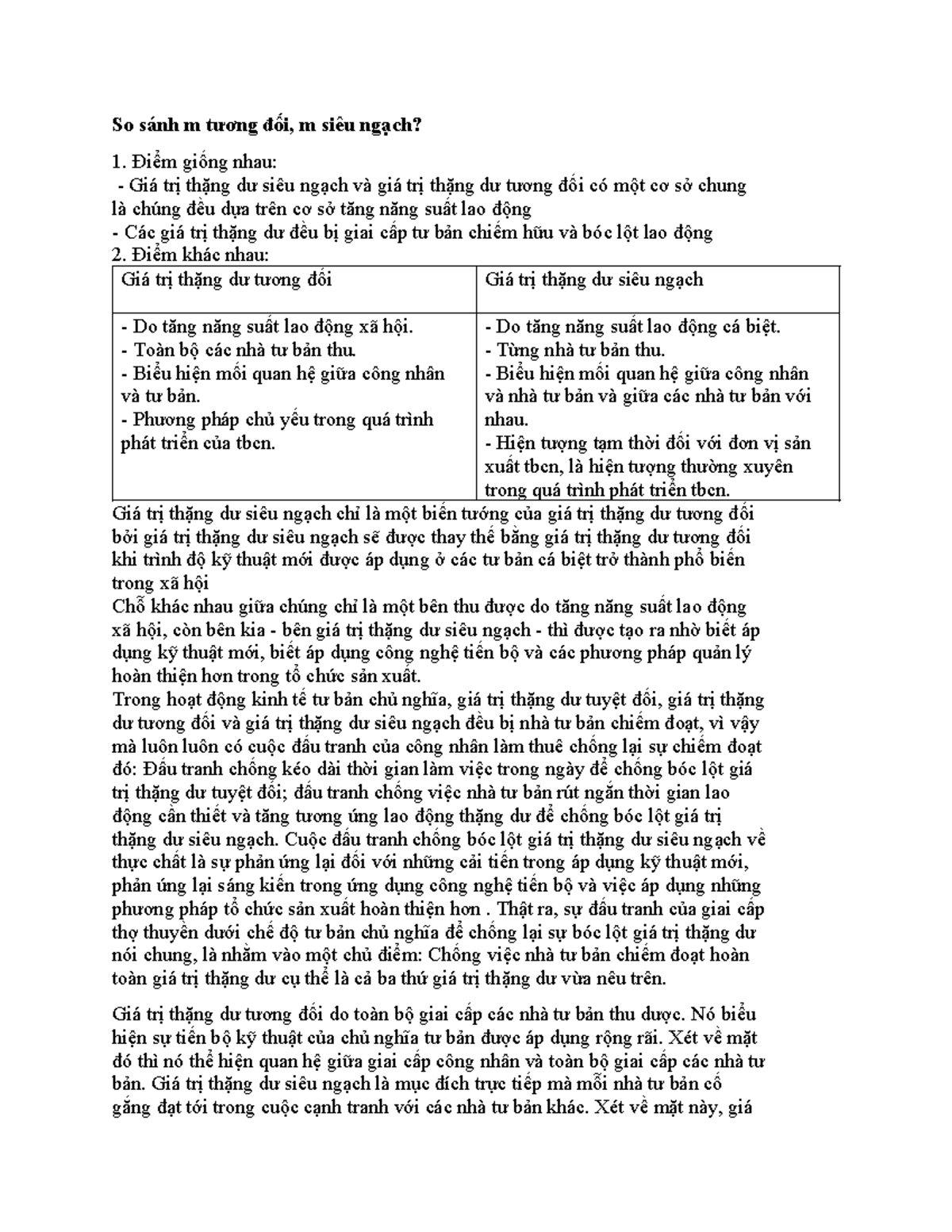 So sánh m tương đối và m siêu ngạch trong Kinh tế chính trị - Cô Hiếu - Document Preview