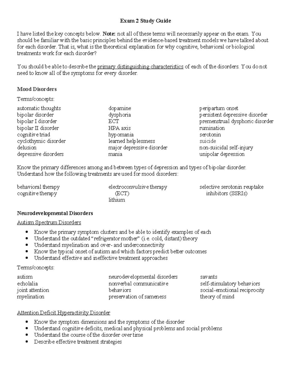 Exam 2 Study Guide: Key Concepts in Mood & Neurodevelopmental Disorders ...