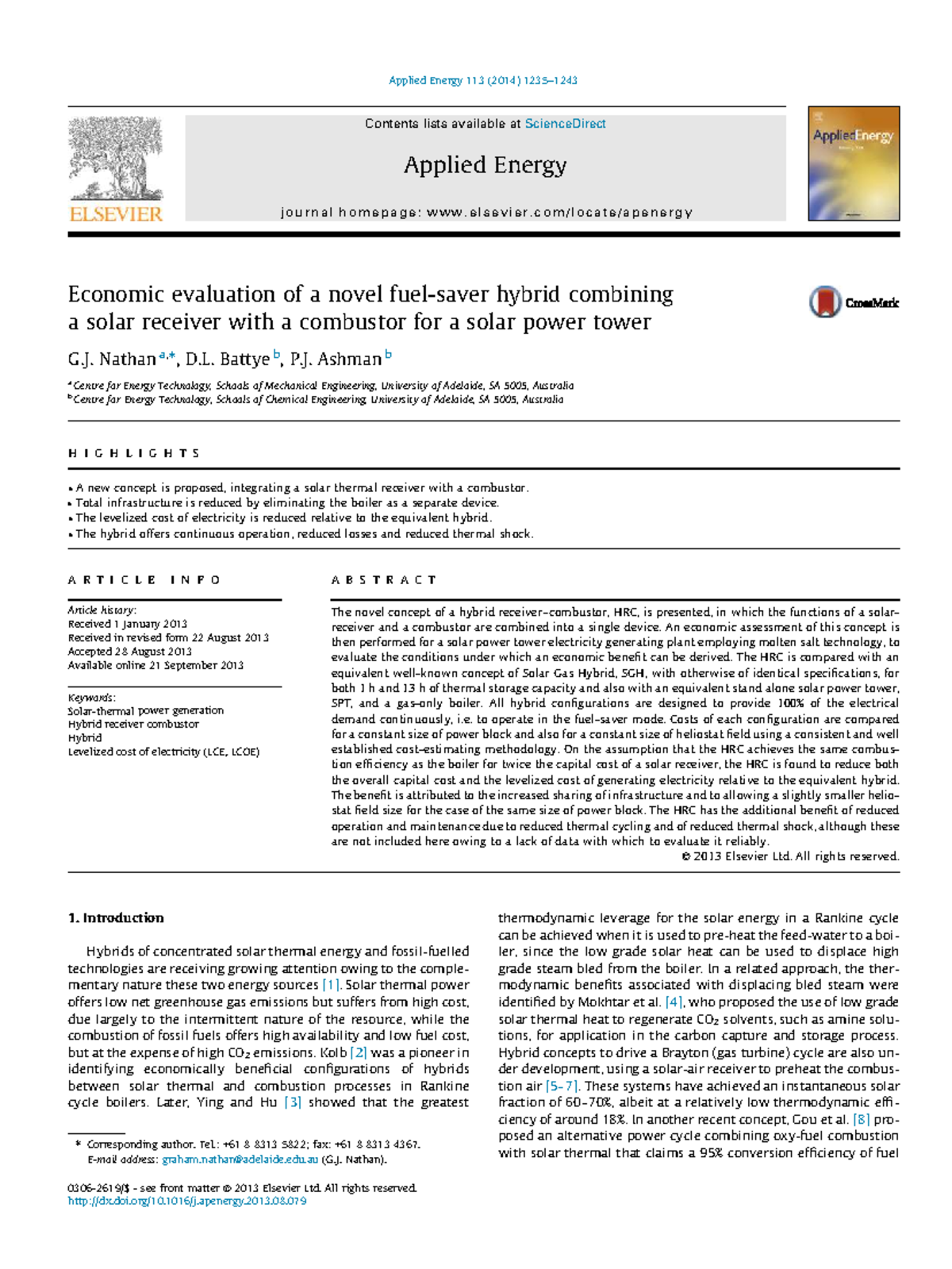 Economic Evaluation of a Novel Hybrid Solar Receiver and Combustor (ENG ...
