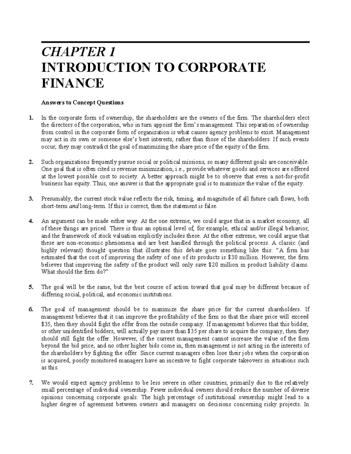 CF 101: Chapter 1 - Introduction to Corporate Finance Solutions - Studocu