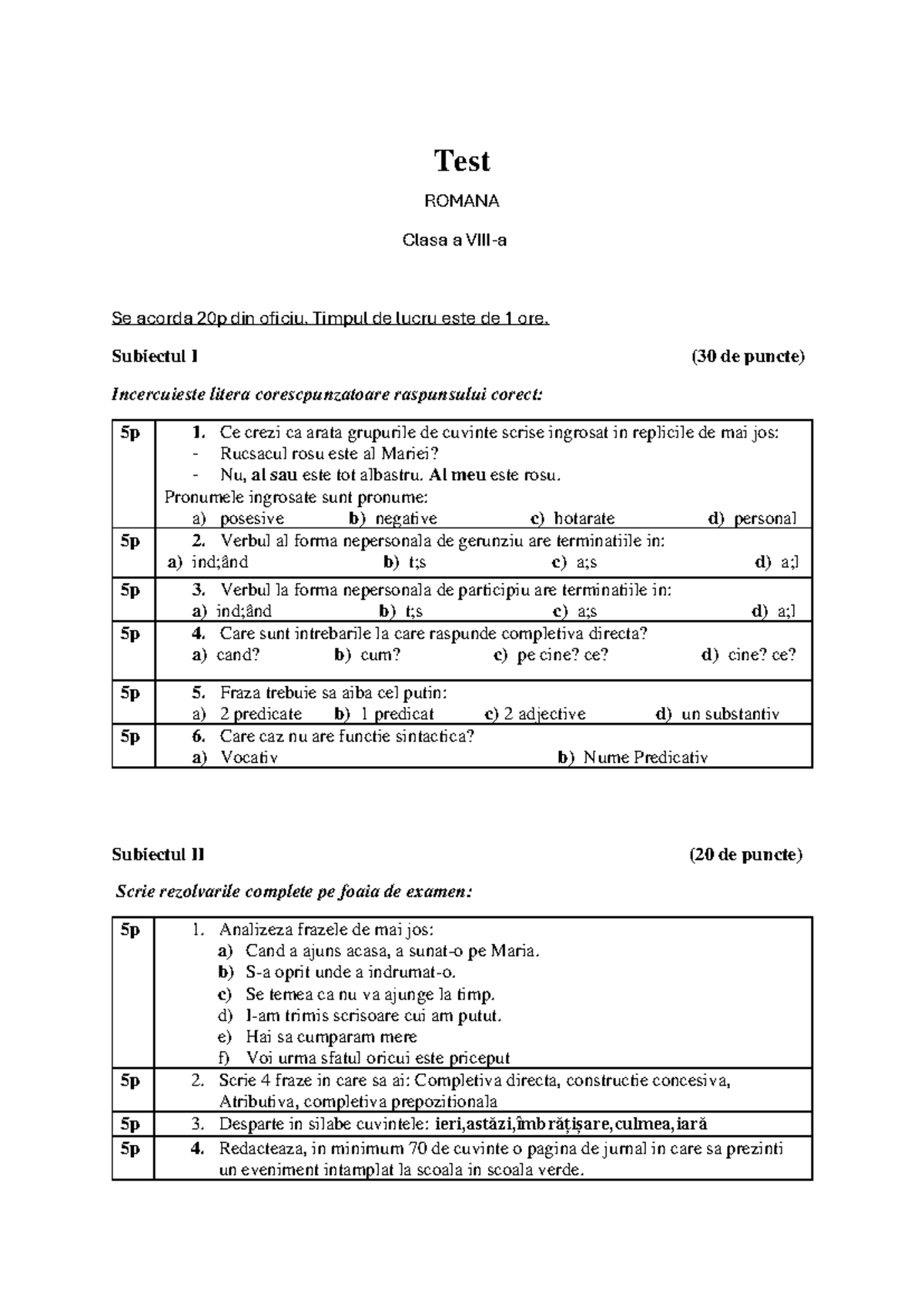 Test Romana - Examen Clasa a VIII-a A - 20 puncte - Studocu